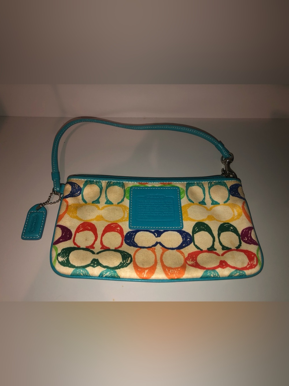 Coach Multicolor Rainbow Print Wristlet - Turquoise Blue Trim